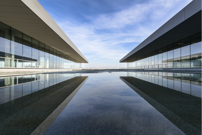 building reflections on pool